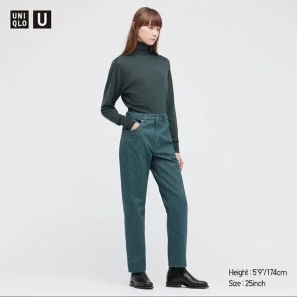 NWT UNIQLO U Regular-Fit Straight High-Rise Jeans Size 24 X 32 Dark Green - Picture 1 of 5